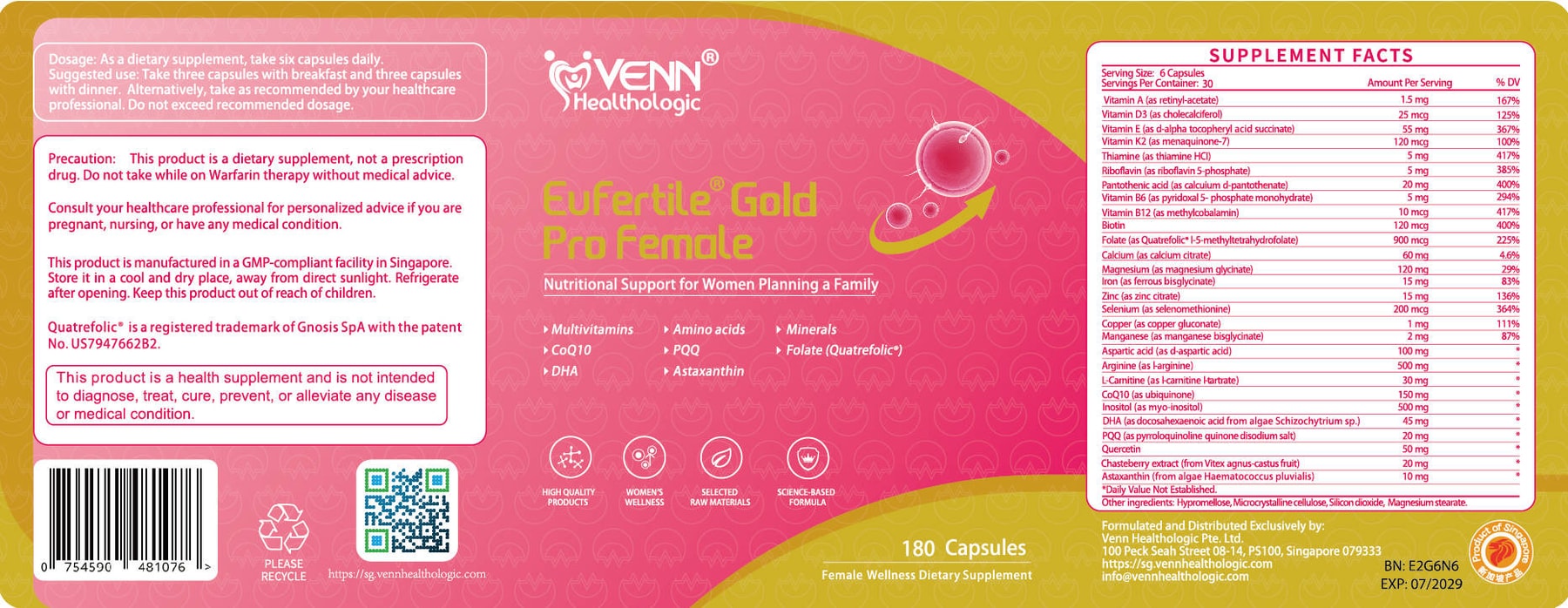VENN Healthologic Eufertile Gold Pro Female product label